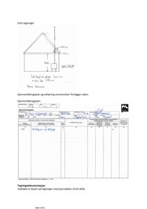 En håndtegnet snittegning som viser et takkonstruksjon med mål (22 cm, 15 cm, 25 cm) og en tegningstittel 'Snitt tegninger:' øverst.