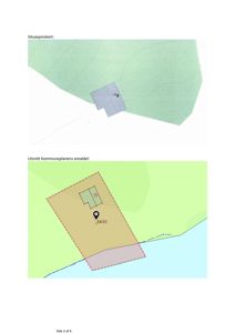 Bildet viser to kart som illustrerer bygningens plassering i forhold til tomme og arealdelinger. Øverst er et situasjonskart, og nederst er et utsnitt fra kommuneplanens arealdel.