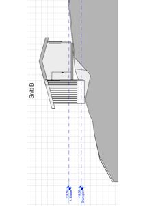 Snittegning (Snitt B) som viser bygningens tverrsnitt, høydemål og forhold til terrenget.