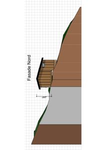 En tegning som viser fasaden sett fra nord, med en bygning på en skråning.