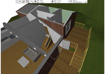 3D-visualisering av en bolig med møbler og utvendig terrasse