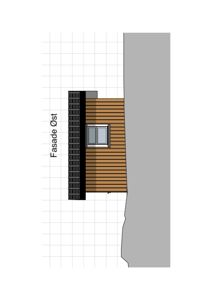 Fasadeoppriks av en bygning sett fra øst, med visuell fremstilling av materialer og vindusåpning.