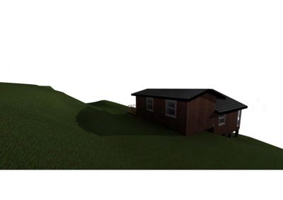 3D-visualisering av en hytte på en grønn bakke.