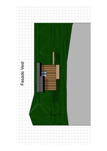 Fasadetegning av en bygning sett fra vest, med visuell fremstilling av materialer og terreng.