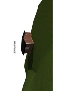 3D-visualisering av en hytte sett fra nordøst.