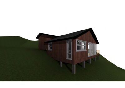 3D-visualisering av et planlagt trehus på en grønn bakke.