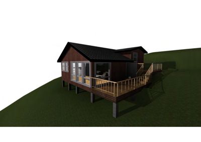 3D-visualisering av en hytte med terrasse og trapp på en grønn bakke.