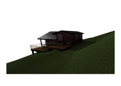 3D-visualisering av en hytte på en skråning