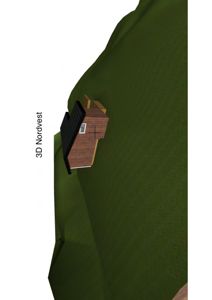 3D-visualisering av en hytte sett fra nordvest.