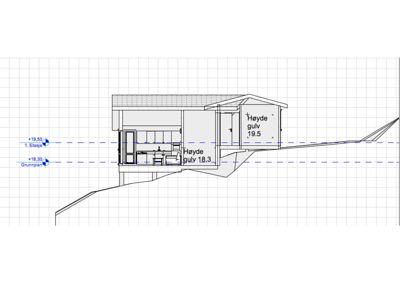Snittegning som viser bygningens tverrsnitt, høyder og forhold til terrenget.
