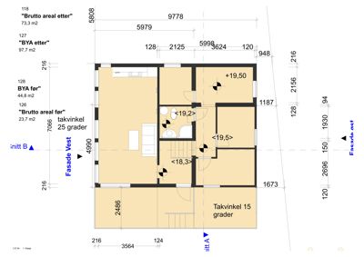 Etasjeplan med romfordeling, mål og arealoppsett