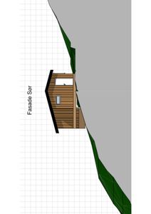 Fasadetegning av en hytte sett fra sør, med tekst 'Fasade Sør' og et rutenett i bakgrunnen.