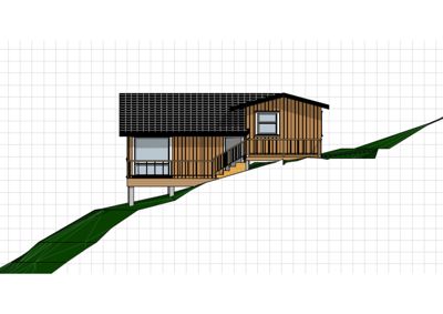 3D-visualisering av en hytte på et skrått terreng med gitterlinjer i bakgrunnen.
