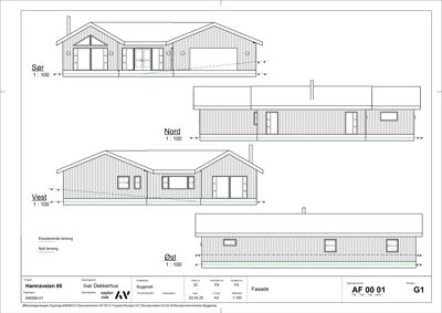 Fasadetegning som viser bygningens utseende fra alle fire sider (Sør, Nord, Vest, Øst) med mål og detaljer.