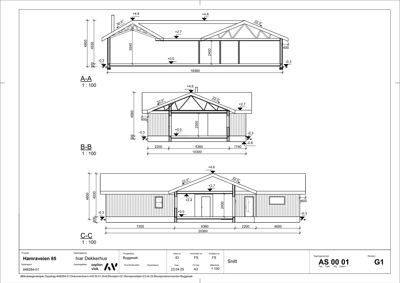 Fasadetegning (opprikk) som viser bygningens utseende fra tre ulike vinkler (A-A, B-B, C-C) med mål og høyder.