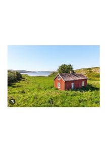 Fotografi av en rød, gammel hytte eller uthus i en grønn, kystnær natur.