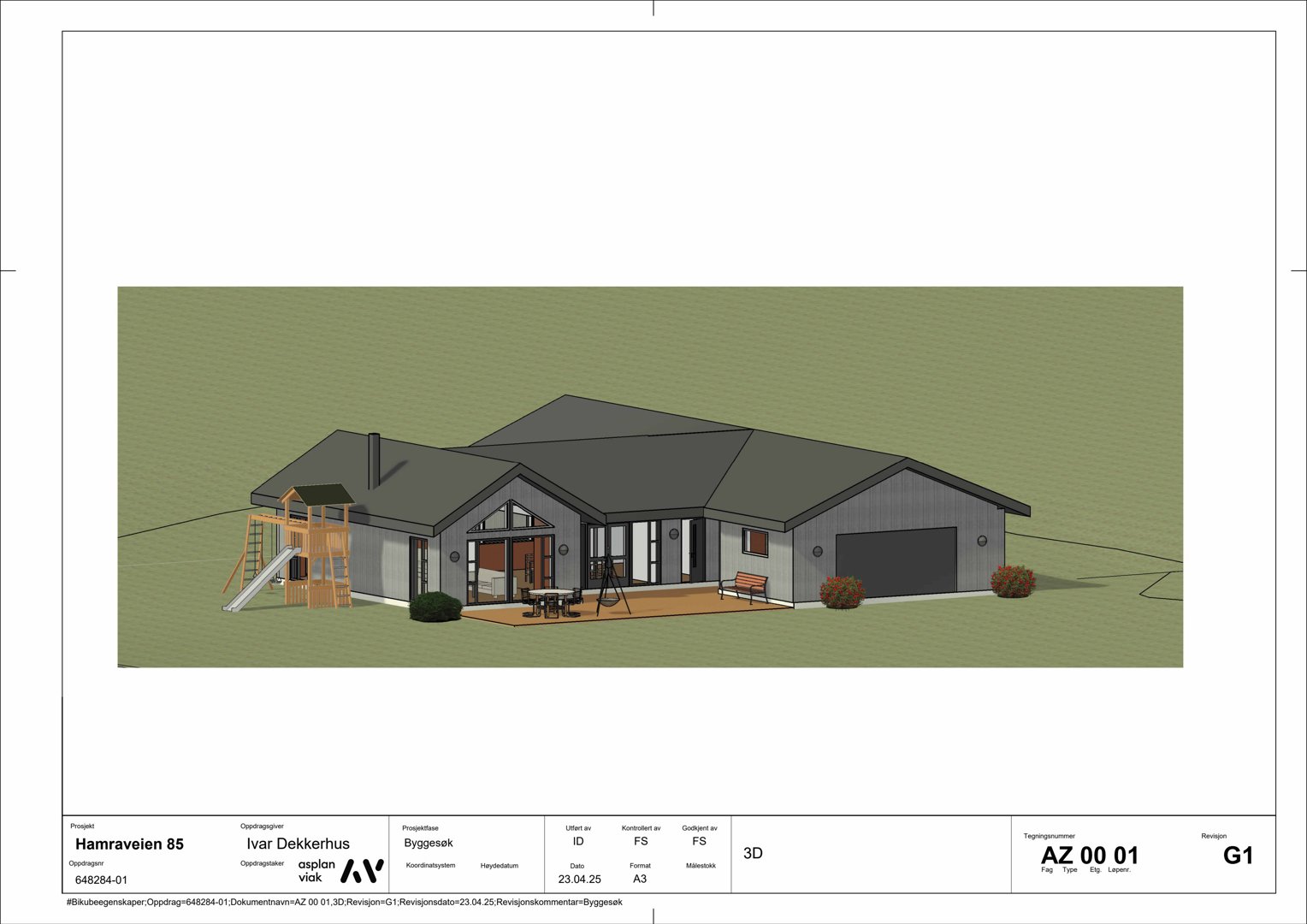 3D-visualisering av en villa med tilhørende utemøbler og lekeplass.
