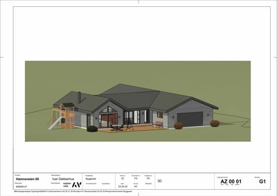 3D-visualisering av en villa med tilhørende utemøbler og lekeplass.