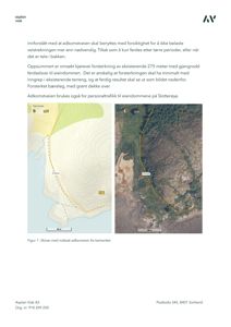 Bildet viser en situasjonsplan (venstre) og et flyfoto (høyre) som illustrerer en planlagt veiutvidelse langs Adkomsteien. Begge bildene viser topografi og bygningsplassering.