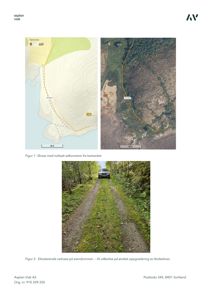 Dokumentet viser en situasjonsplan (venstre) og et flyfoto (høyre) av eiendom og adkomstvei, samt et fotografi av eksisterende vei.