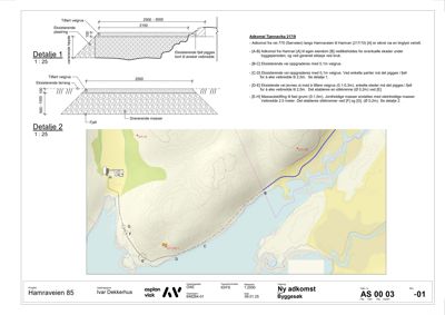 Tegning som viser detaljerte oppriss av terreng og vegvesen ved adkomst (Detalje 1 og 2), samt en situasjonsplan for området med punktmerking og tekstbeskrivelse av tiltak.