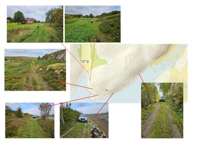 Et situasjonskart (topografisk kart) med overlappende fotografier av området, koblet sammen med pil som viser hvor på kartet bildeene er tatt.
