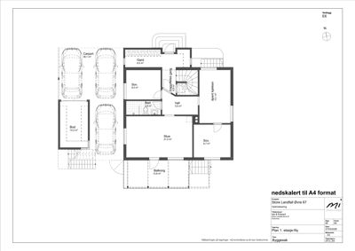 Etasjeplan (1. etasje) som viser romfordeling, arealer og orientering for en bolig.