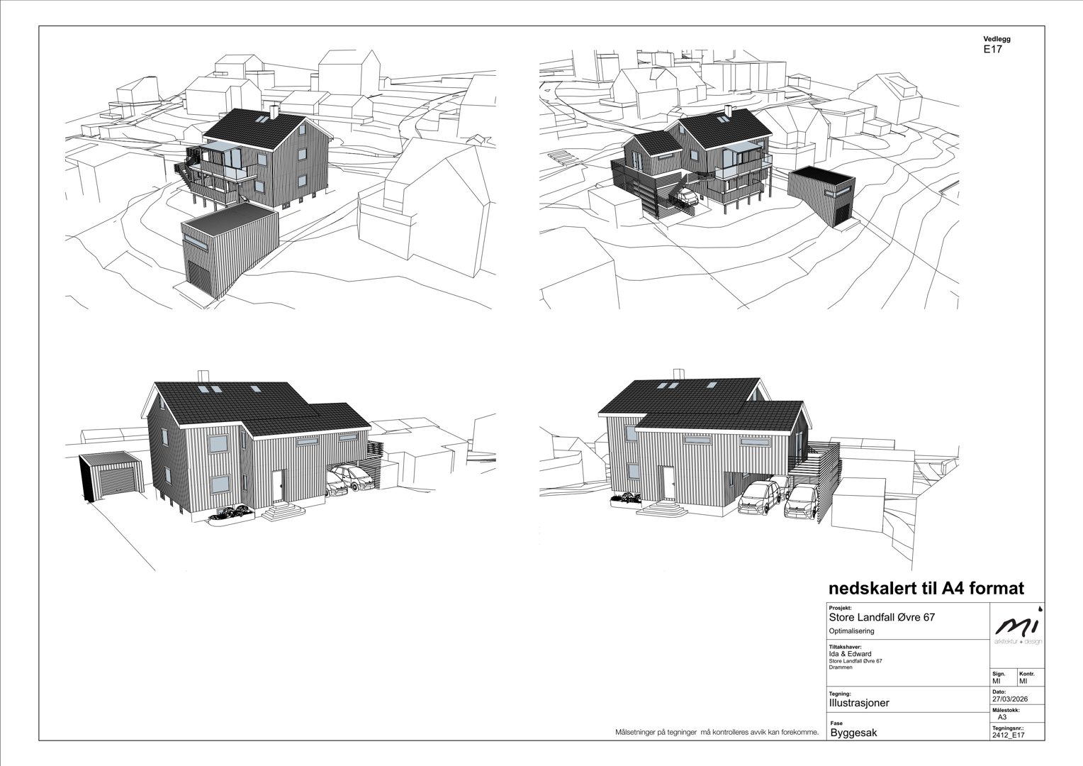 Bildet viser fire 3D-visualiseringer av et hus i ulike vinkler, inkludert en situasjonsvisning.