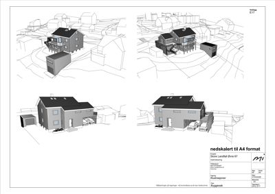 Bildet viser fire 3D-visualiseringer av et hus i ulike vinkler, inkludert en situasjonsvisning.