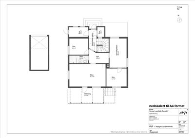 Etasjeplan (1. etasje) som viser romfordeling, arealer og funksjoner i en eksisterende bygning.