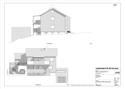 Fasadetegning som viser bygningens utseende fra øst og sør.