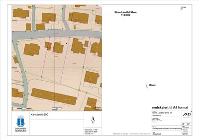 Situasjonskart som viser tomtens grenser, naboeiendommer og bygningers plassering i forhold til hverandre.