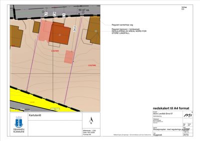 Situasjonsplan som viser tomtens grenser, naboeiendommer, veier og arealreguleringer.