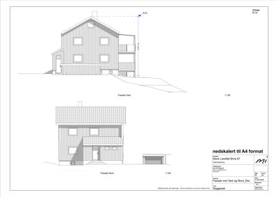 Fasadetegning som viser bygningens utseende fra vest og nord.