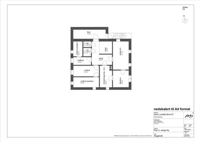 Etasjeplan (nedskalert til A4) som viser romfordeling, arealer og funksjoner i et hus.