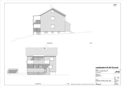 Fasadetegning som viser bygningens utseende fra øst og sør.