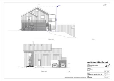 Bildet viser fasadetegninger for en bygning, spesifikt 'Fasade Vest' og 'Fasade Nord', med mål og tegningsboks.