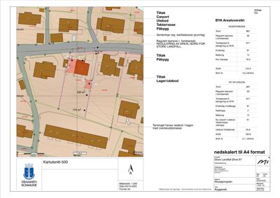 Situasjonsplan som viser tomtens grenser, naboeiendommer, veier og arealoversikt for et byggetiltak.