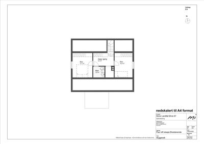 Etasjeplan (1. etasje) som viser romfordeling, størrelser og plassering av trapp og bad.