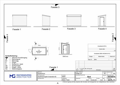 Fasadetegning som viser utsiden av en sportsbod fra fire ulike vinkler (Fasade 1-4), inkludert et snitt (Snitt a-a) og dimensjoner.