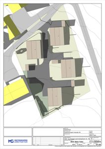 Situasjonsplan som viser tomtens grenser, plassering av bygninger, veier og omgivelsene.