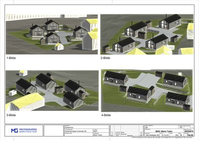 En serie med fire 3D-visualiseringer (renderinger) av et boligprosjekt i Østre Toten, vist fra ulike vinkler.