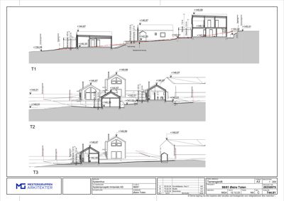 Snittegning som viser tverrsnitt gjennom tre ulike hus (T1, T2, T3) med høydemål og terrengforhold.
