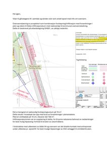 Situasjonsplan som viser plassering av VA-ledninger (vann, avløp, overvann) i forhold til eksisterende infrastruktur og eiendomsgrenser.