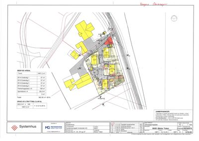 Situasjonsplan som viser tomtens beliggenhet, bygningers plassering, arealoppdelinger og tekniske data.