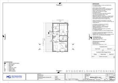 Fasadetegning som viser bygningens utseende fra tre ulike vinkler (Fasade 1, 2 og 3) med mål og detaljer.