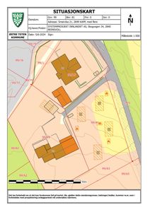 Situasjonskart som viser eiendomsgranser, bygninger, veier og topografi for eiendommen Smørvika 21.