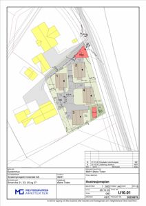 Situasjonsplan som viser plassering av flere utbyggingsenheter (1-4) på en tomt, med angitte avstander til naboeiendommer og infrastruktur.