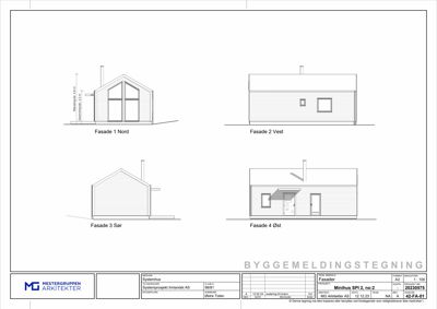 Fasadetegning som viser bygningens utseende fra fire ulike vinkler (Nord, Vest, Sør, Øst).