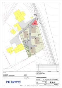 Situasjonsplan (Illustrasjonsplan) som viser plassering av fire hus (1-4) og en renoveringsområde (Rén) i forhold til nabolaget, veier og eiendomsgranser.